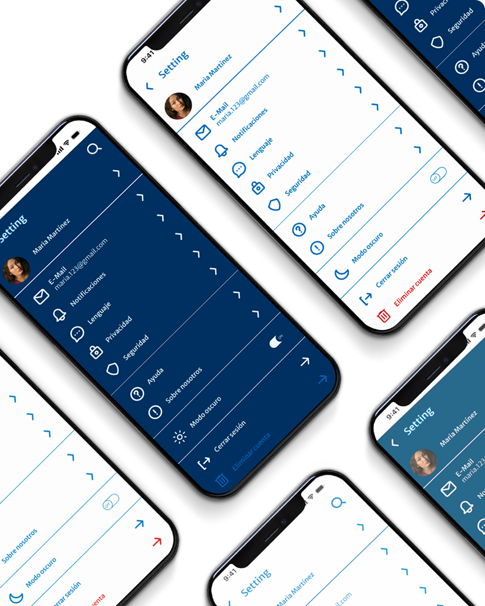 Mockup pantalla de ajustes de una app en varios móviles